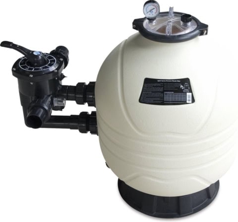 Zandfilter voor zwembad met meerdere aansluitingen.