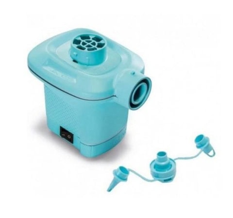 Elektrische blauwe luchtpomp met twee mondstukken.