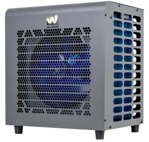 Grijze zwembad warmtepomp met ventilator en rooster