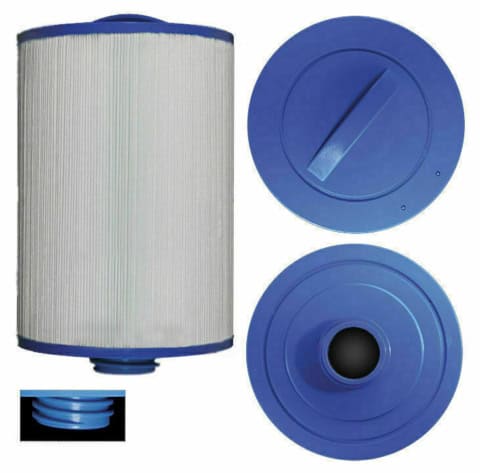 Blauw ronde filterpatroon met deksel en basis.