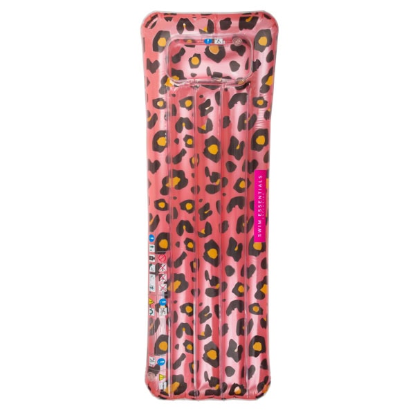 Roze opblaasbed met luipaardprint.