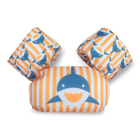 Zwembandjes met haaienontwerp en oranje strepen.