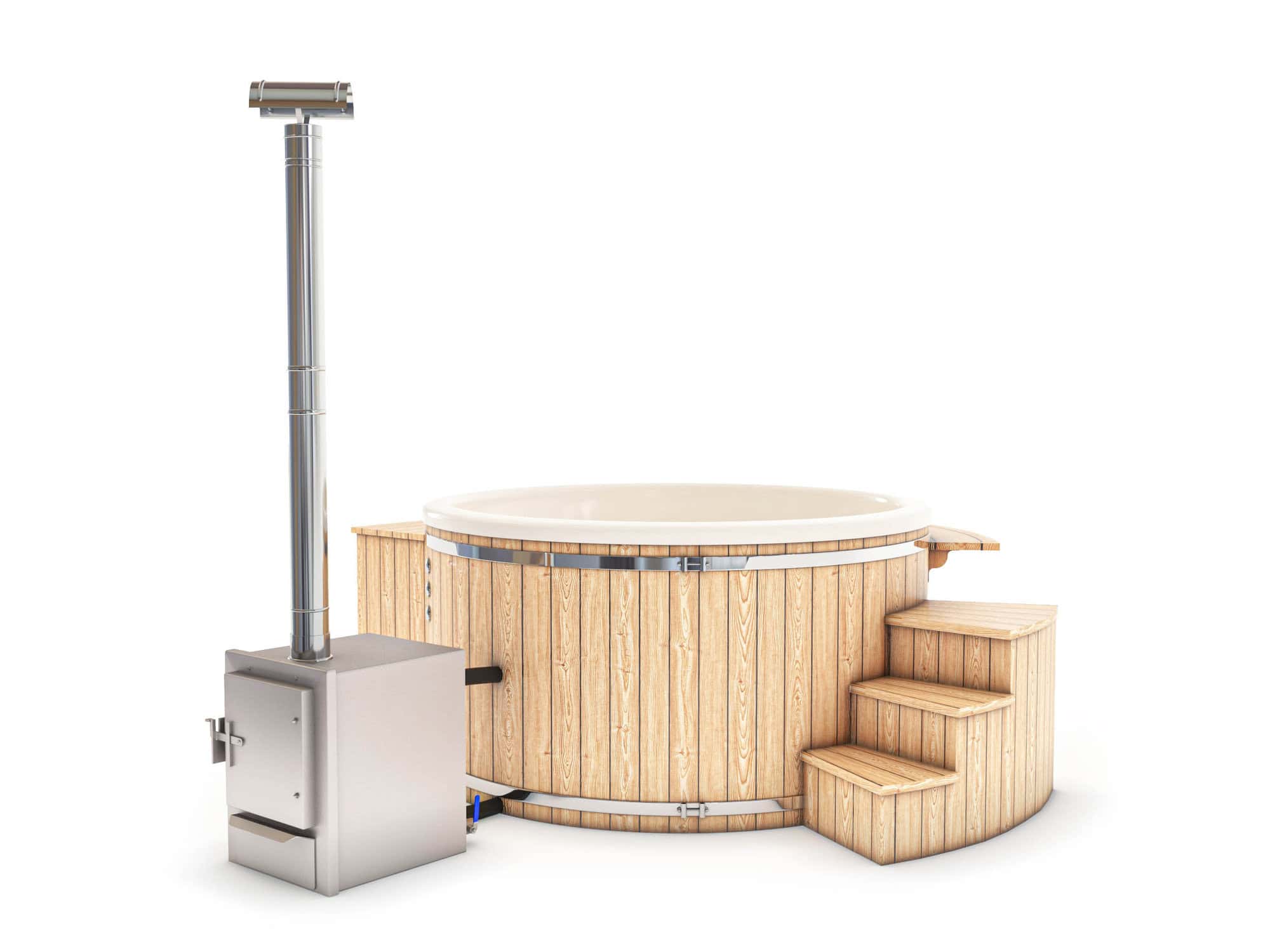 Houten hot tub met metalen kachel en trapje